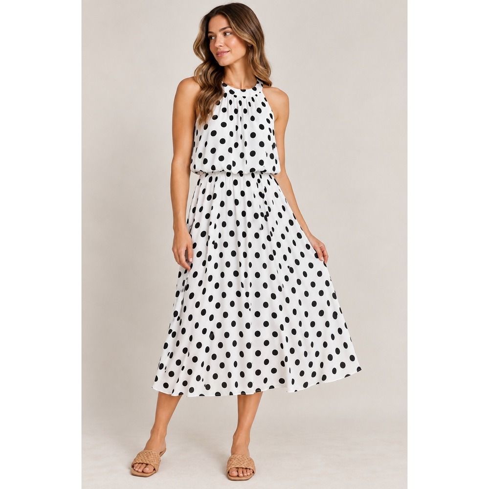 Joseph Ribkoff Halter Dress Women 8 White Black Polka Dot Blouson Midi 182770